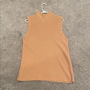 Halston Heritage Camel Ribbed Tank Top sleeveless large long mock turtleneck
